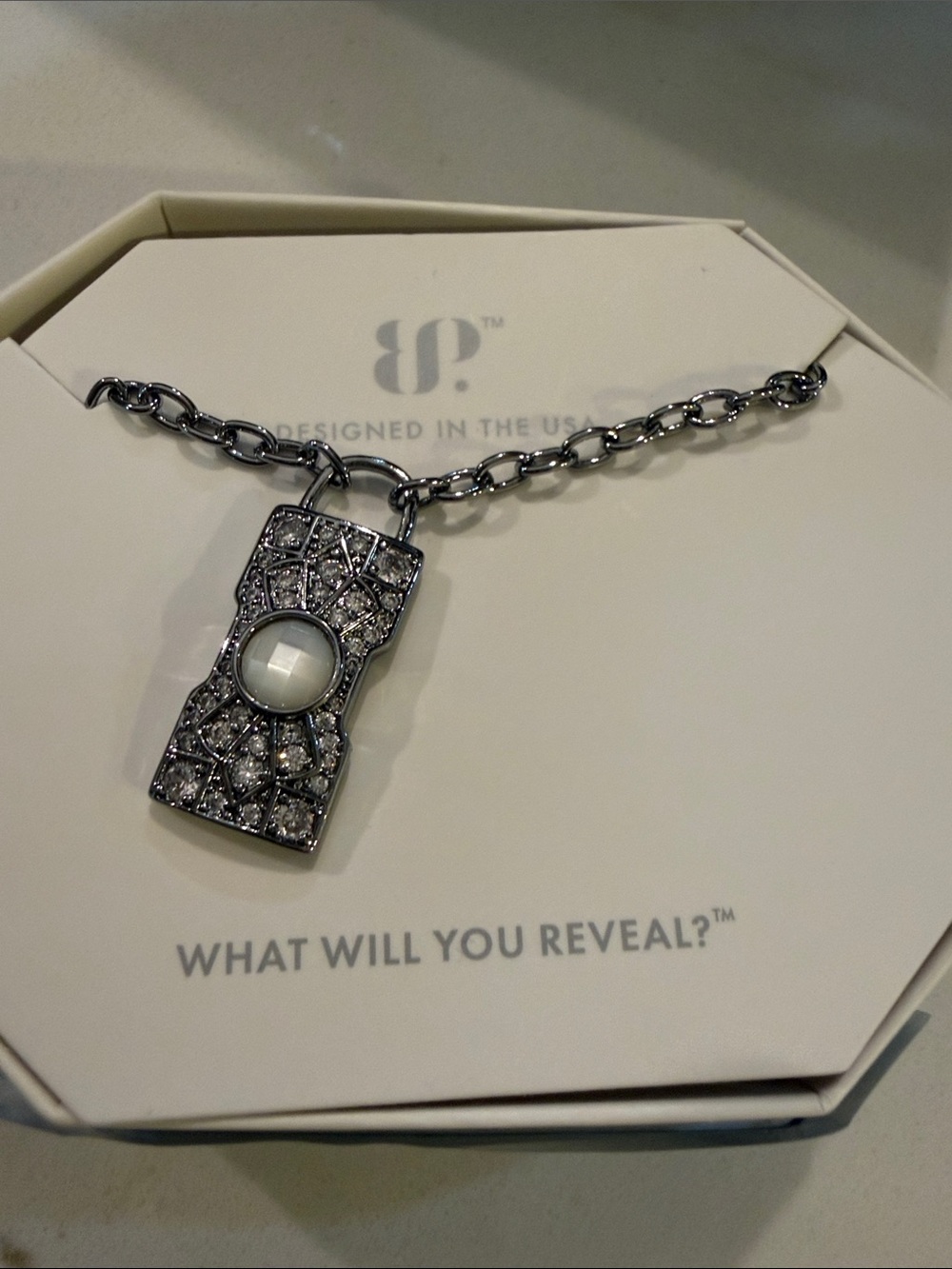 Silver-Tone Pavé Lock Pendant Necklace with White Center Cabochon